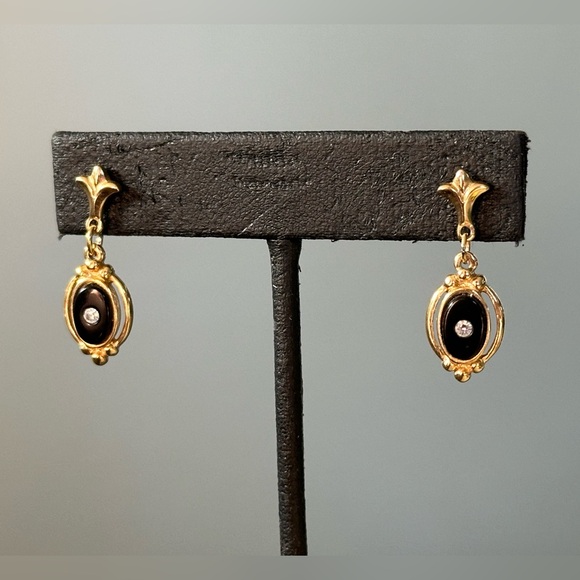 Avon Jewelry - Avon Victorian Revival Mourning Onyx Gold Plated Drop Earrings Old Money